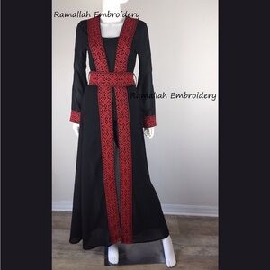 Elegant Black and Red Embroidered Palestinian Style Abaya